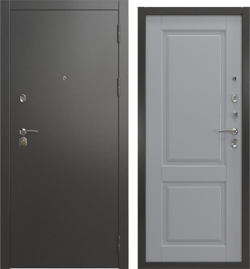 Входная дверь А-00/32 люкс (Муар черное серебро / Шагрень серая мягкая)