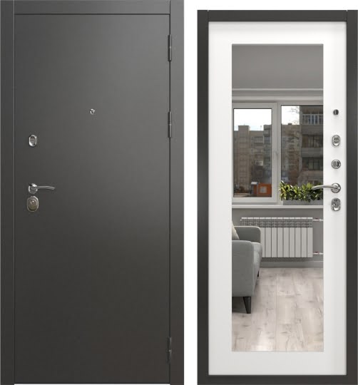 Входная дверь А-00/69-Z люкс (Муар черное серебро / Шагрень белая, с зеркалом)