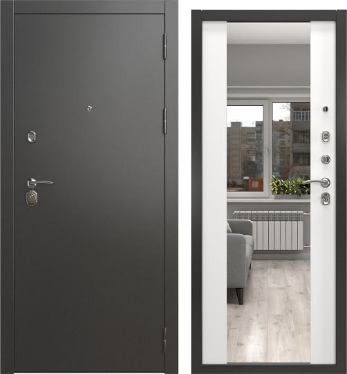 Входная дверь А-00/71-Z люкс (Муар черное серебро / Шагрень белая, с зеркалом)