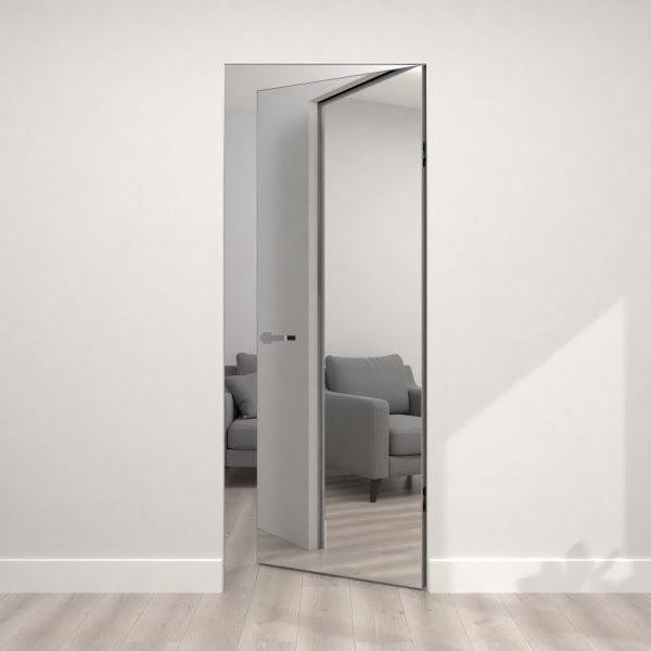 Скрытая дверь Invi 1.0 с зеркалом / под покраску, алюминиевая кромка с 4 сторон