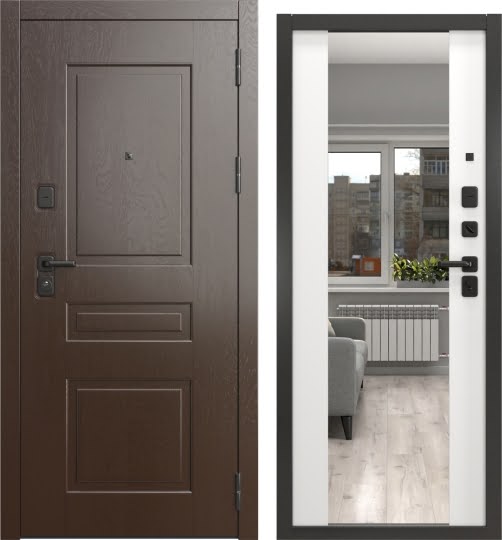 Входная дверь Н-150/71-Z люкс (Горький шоколад / Шагрень белая, с зеркалом)