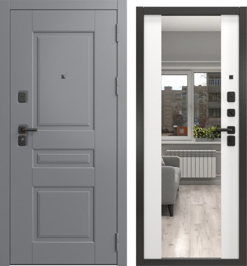 Входная дверь Н-150/71-Z люкс (Шагрень графит / Шагрень белая, с зеркалом)