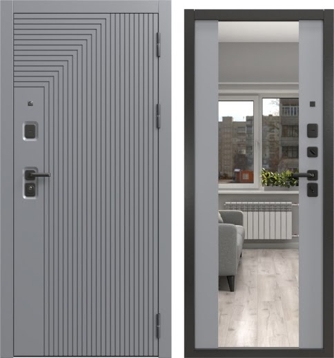 Дверь входная Н-231/71-Z люкс (Шагрень графит / Шагрень серая, с зеркалом)