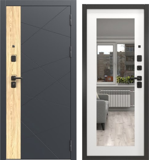 Дверь входная П-229/69-Z люкс (Шагрень черная, дуб янтарь / Шагрень белая, с зеркалом)