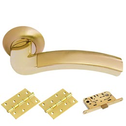 Фурнитура для дверей. MH02SG-GP-MS4BB (Комплект матовое золото – золото: дверная ручка ЦАМ, 2 петли, защелка)