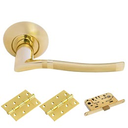 Фурнитура для дверей. MH04SG-GP-MS4BB (Комплект матовое золото – золото: дверная ручка ЦАМ, 2 петли, защелка)