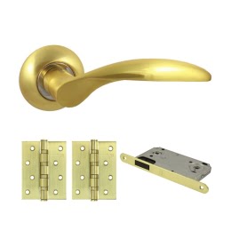 Фурнитура для дверей. V20C-AL-B4 (Комплект матовое золото: ручка алюминиевая, 2 петли, защелка)