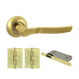 Фурнитура для дверей. V77C-B4 (Комплект матовое золото: дверная ручка ЦАМ, 2 петли, защелка)